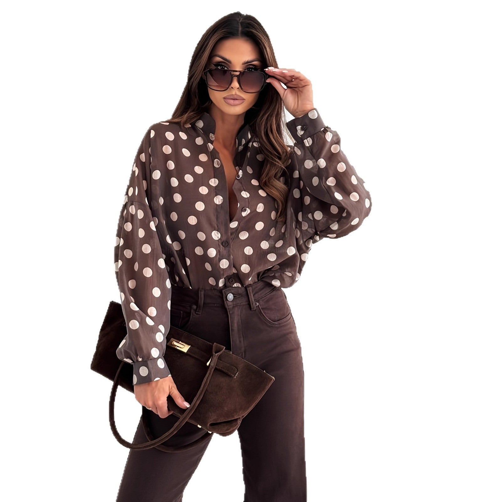 Womens Minimalist Long-Sleeve Polka-Dot Waist-Cinching Office-Ready Shirt - Eve & Kith