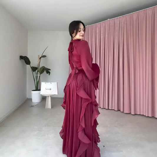Long-sleeved Cinched-waist Vintage Maxi Dress