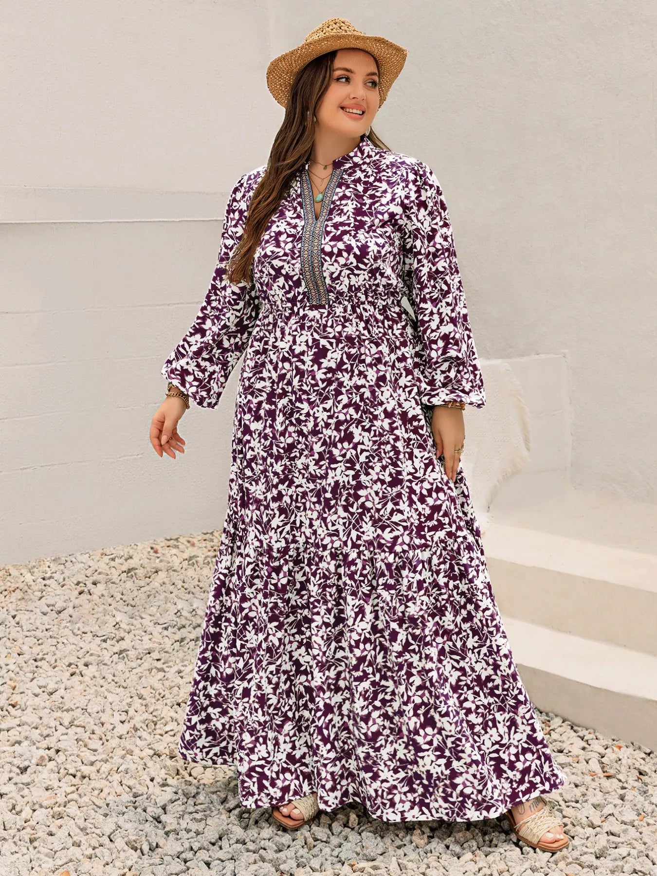 Plus Size  Floral  Maxi Dress with Long Sleeves - Eve & Kith