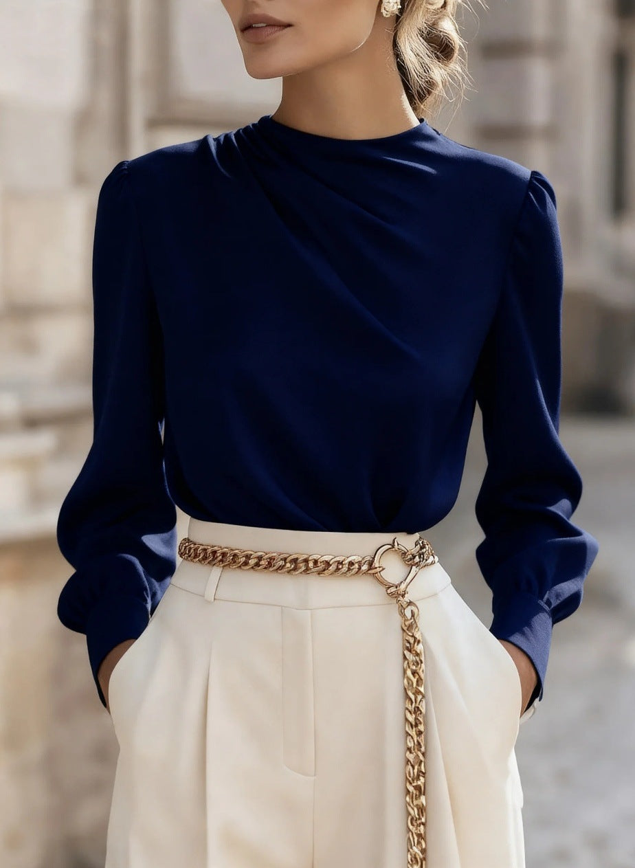 Simple Commuting Temperament Pleated High-neck Lantern Sleeve Blouse For Women - Eve & Kith