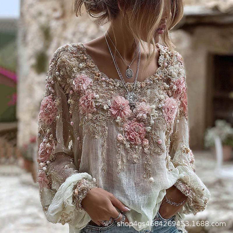 Womens Retro Bohemian Drop-Shoulder Long-Sleeve Top With A Crew Neck - Eve & Kith