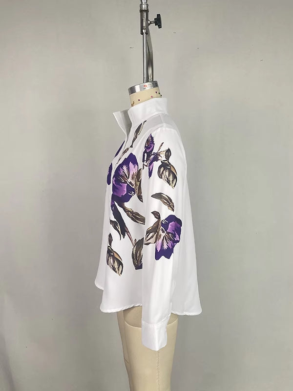 Long Sleeve And Loose Print Top Stand Collar Shirt - Eve & Kith