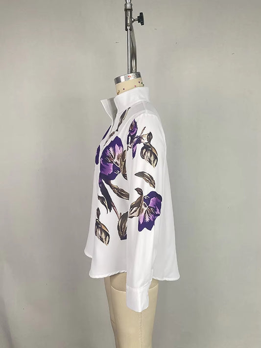 Long Sleeve And Loose Print Top Stand Collar Shirt - Eve & Kith