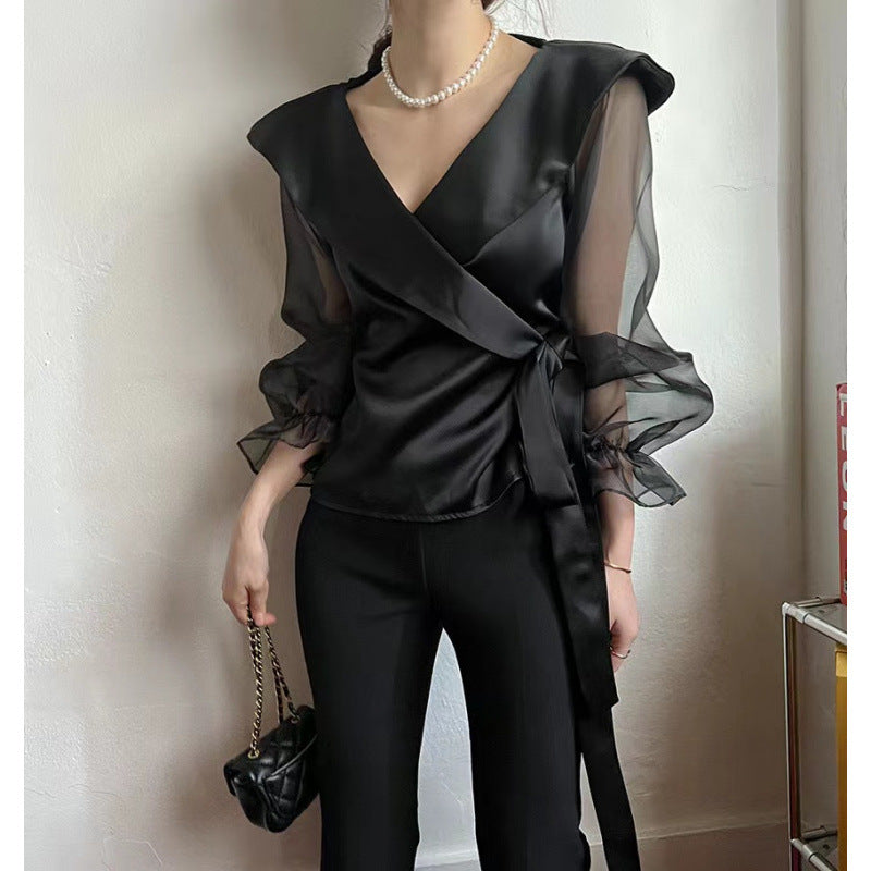 Womens V-neck Panelled Puff-Sleeve Bow-Tie-Neck Blouse - Eve & Kith