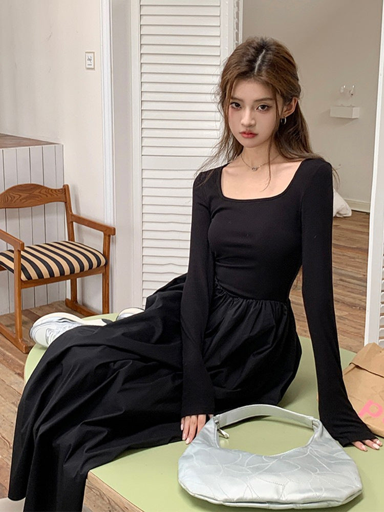 French Hepburn Style Long Sleeve Square-neck Base Dress - Eve & Kith