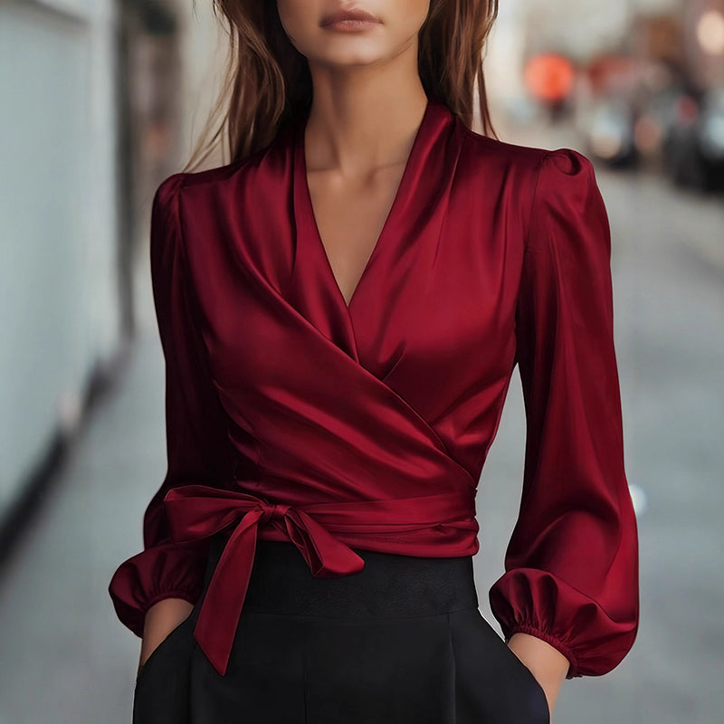 Women's Elegant Solid Color V-Neck Satin Long Sleeve Blouse, Tie Waist Professional Office Shirt For Spring Autumn - Eve & Kith