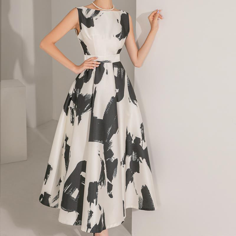 Ink Art Printed Round Neck Sleeveless High Waist Dress - Eve & Kith