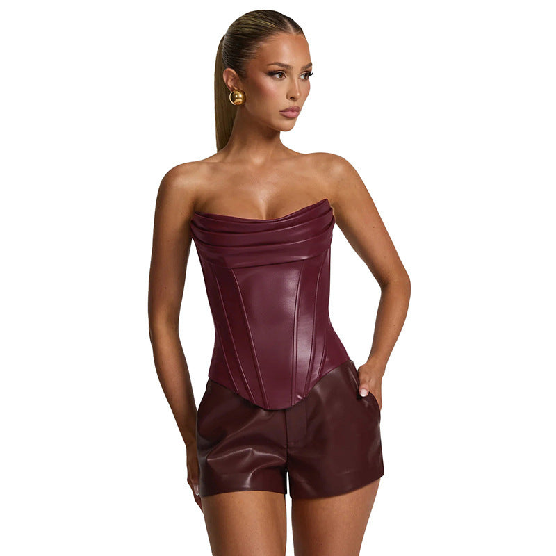Women's PU Leather Fishbone-Strap Corset Sleeveless Top - Eve & Kith