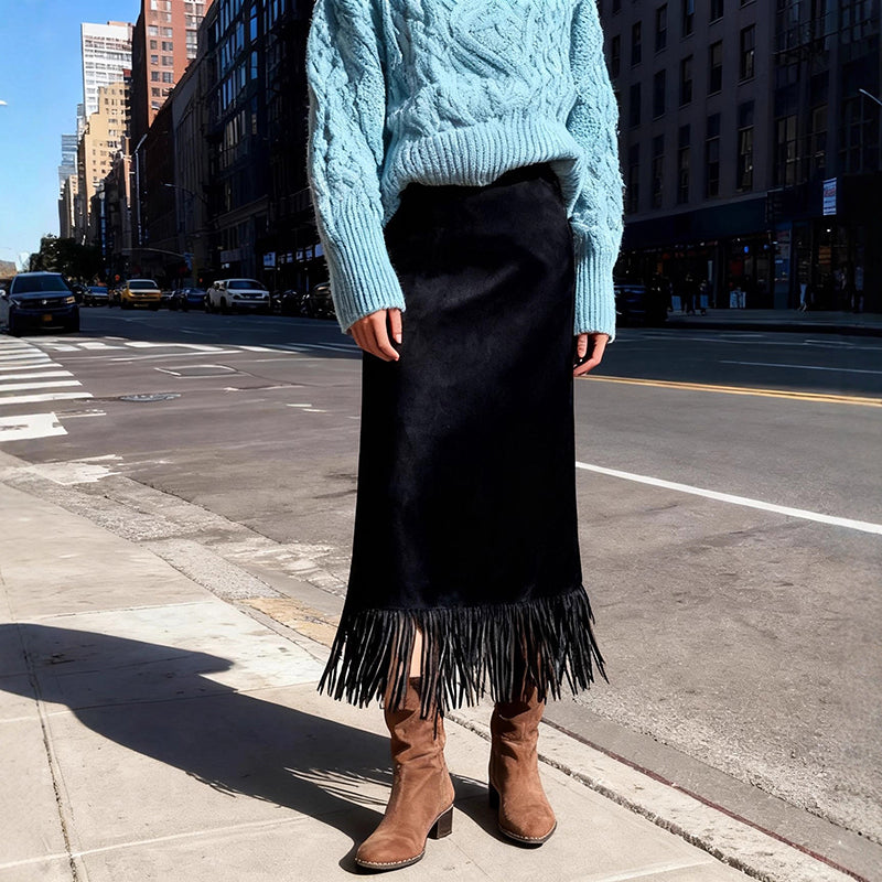 Women's Elegant A-Line Fringe Hem Skirt Versatile Solid Color Pencil Skirt For Daily To Party Wear - Eve & Kith