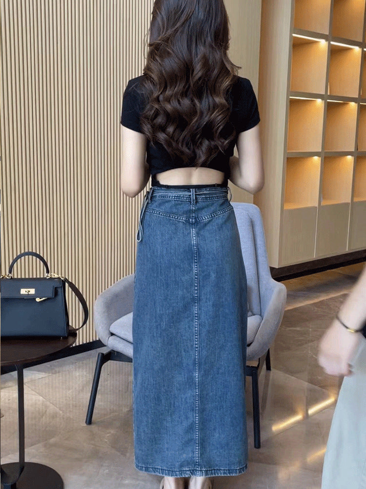 Women's Waist Slit Blue Denim Skirt - Eve & Kith