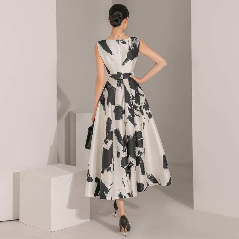 Ink Art Printed Round Neck Sleeveless High Waist Dress - Eve & Kith