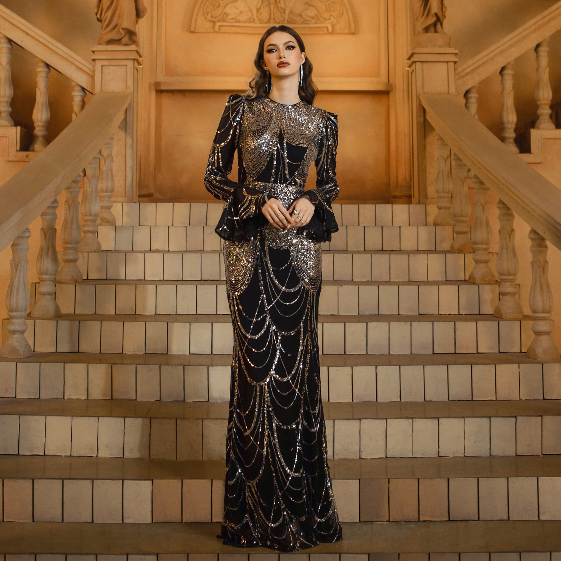 Long Sleeve Round Neck Slim-fit Sheath Sequined Banquet Fishtail Evening Dress - Eve & Kith