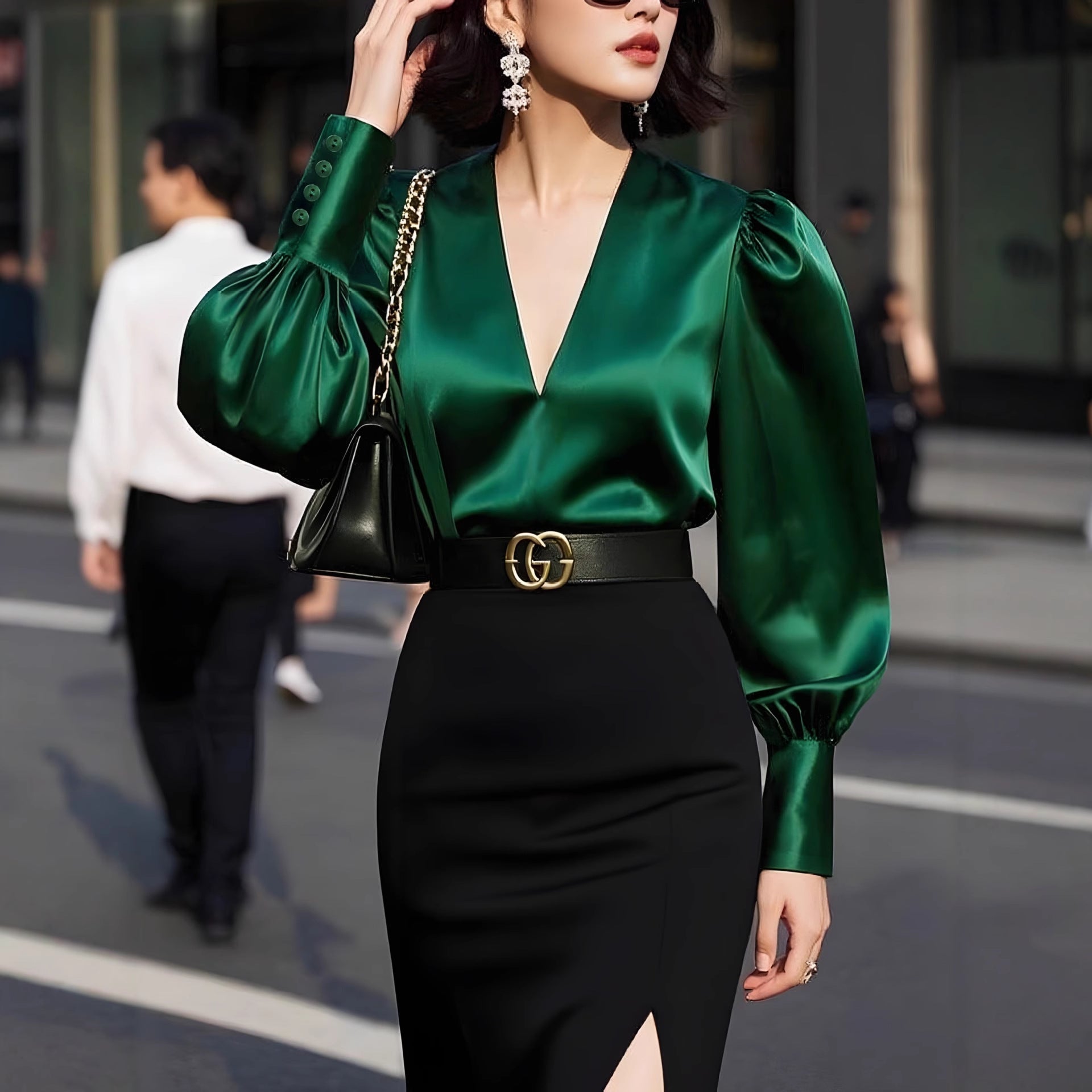 Womens Solid-Color V-Neck Silk Satin Long-Sleeve Shirt - Eve & Kith