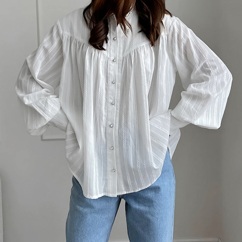 Simple Jacquard Top With A Stand-up Collar And Slightly Puffed Sleeves - Eve & Kith