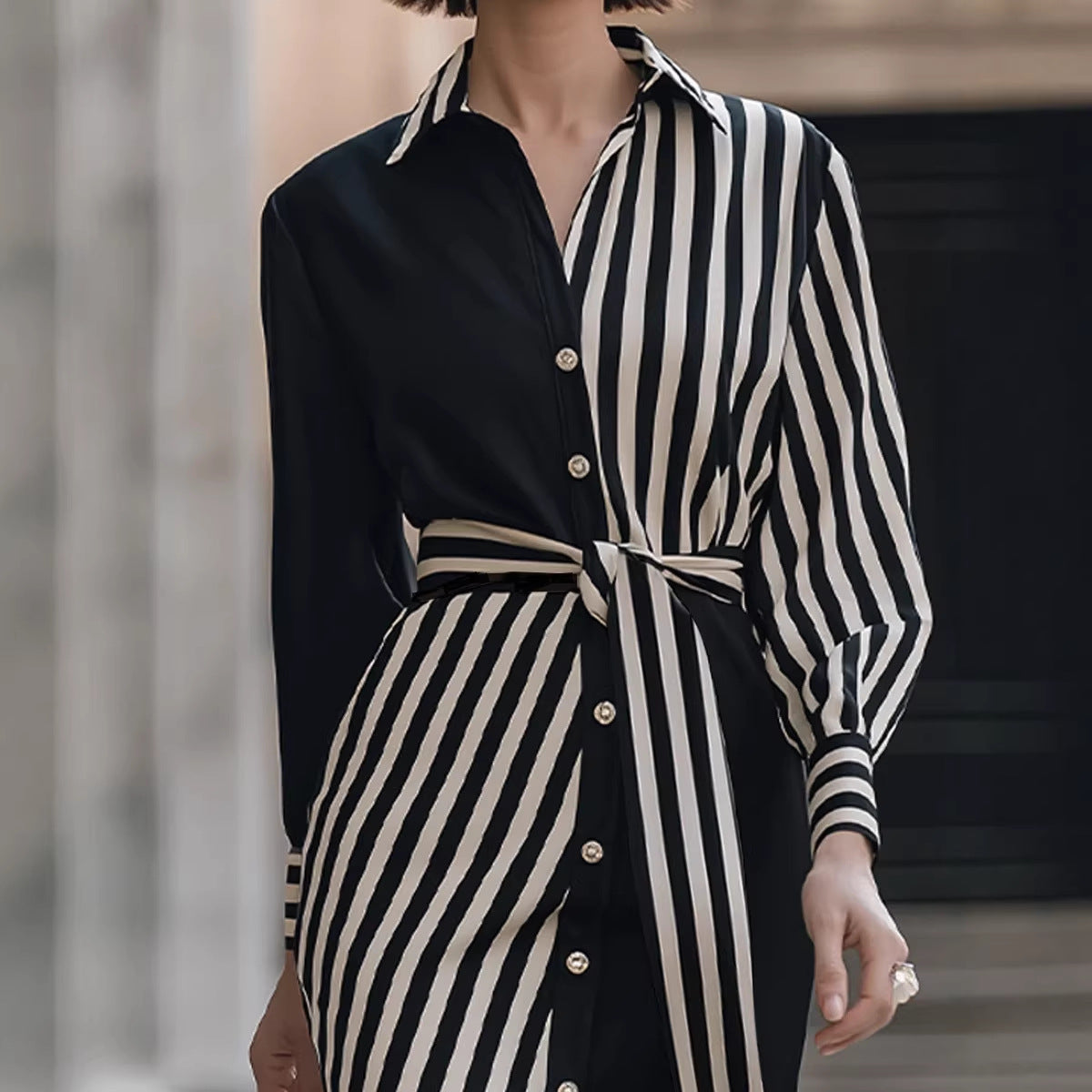 Lapel Shirt Commuter-style Striped Print Waist-cinching Dress