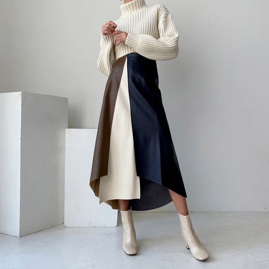 French Chic Retro Temperament Multi-color Mosaic Leather Skirt - Eve & Kith