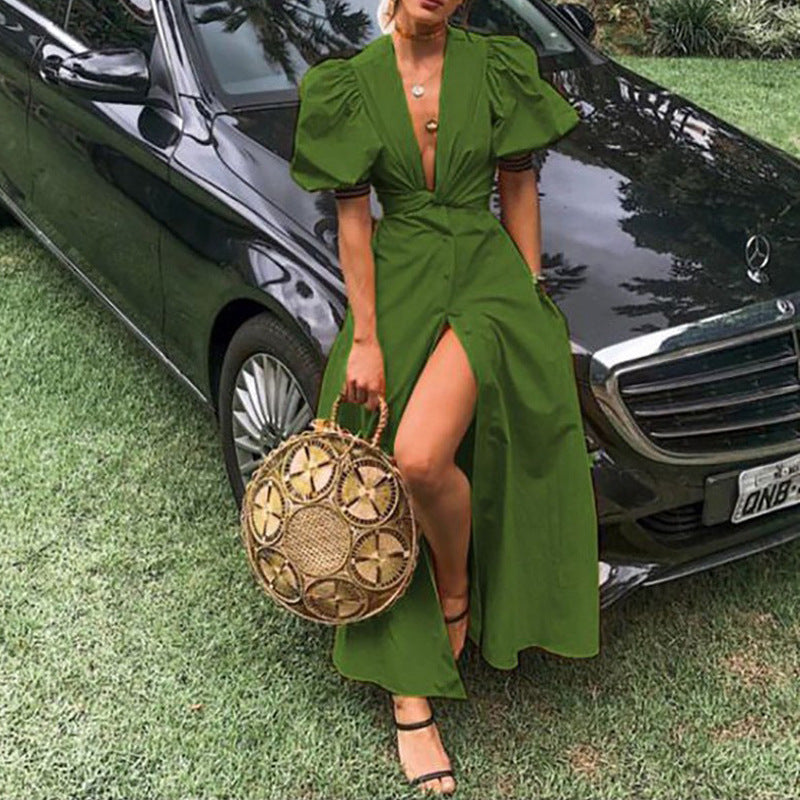 European And American V-neck Raglan Sleeve Single-breasted Dress - Eve & Kith