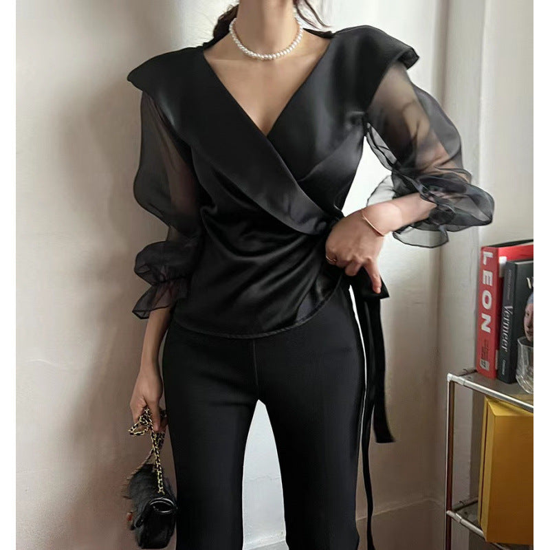 Womens V-neck Panelled Puff-Sleeve Bow-Tie-Neck Blouse - Eve & Kith