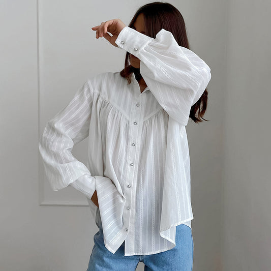 Simple Jacquard Top With A Stand-up Collar And Slightly Puffed Sleeves - Eve & Kith