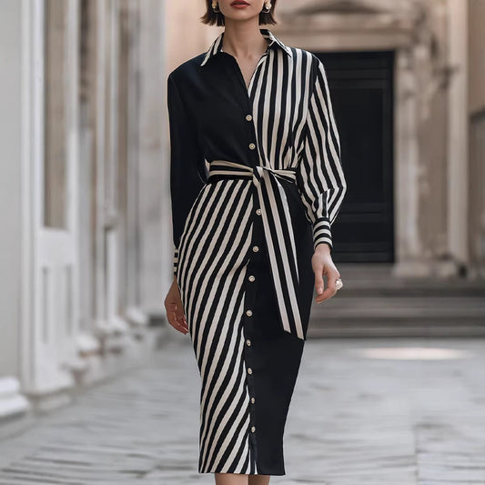 Lapel Shirt Commuter-style Striped Print Waist-cinching Dress