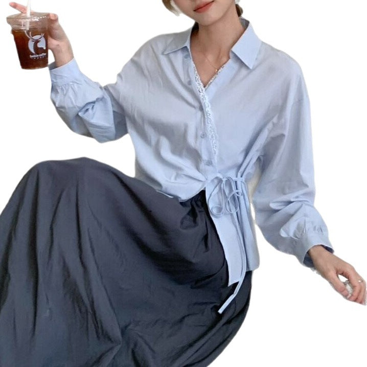 Womens Solid-Color Korean-Style French-Elegance Lace-Trimmed Shirt - Eve & Kith