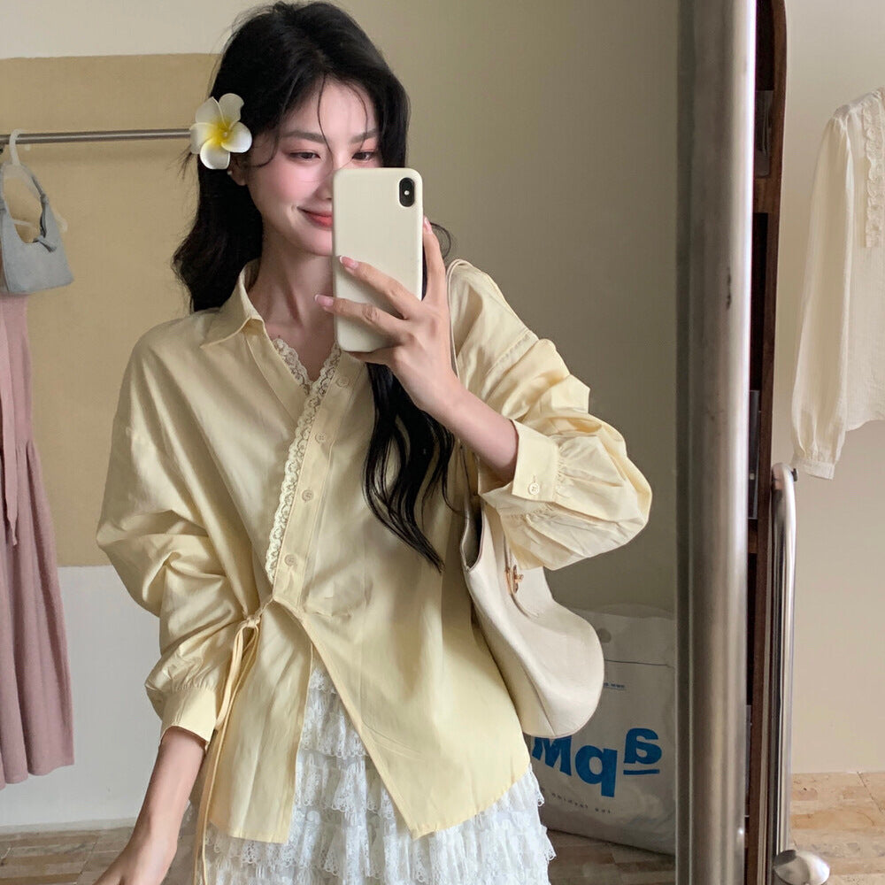 Womens Solid-Color Korean-Style French-Elegance Lace-Trimmed Shirt - Eve & Kith