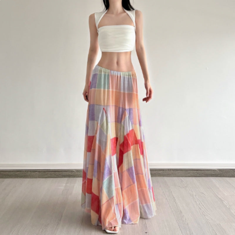 Colorful Flower Niche Artistic Colorblock Plaid Skirt - Eve & Kith