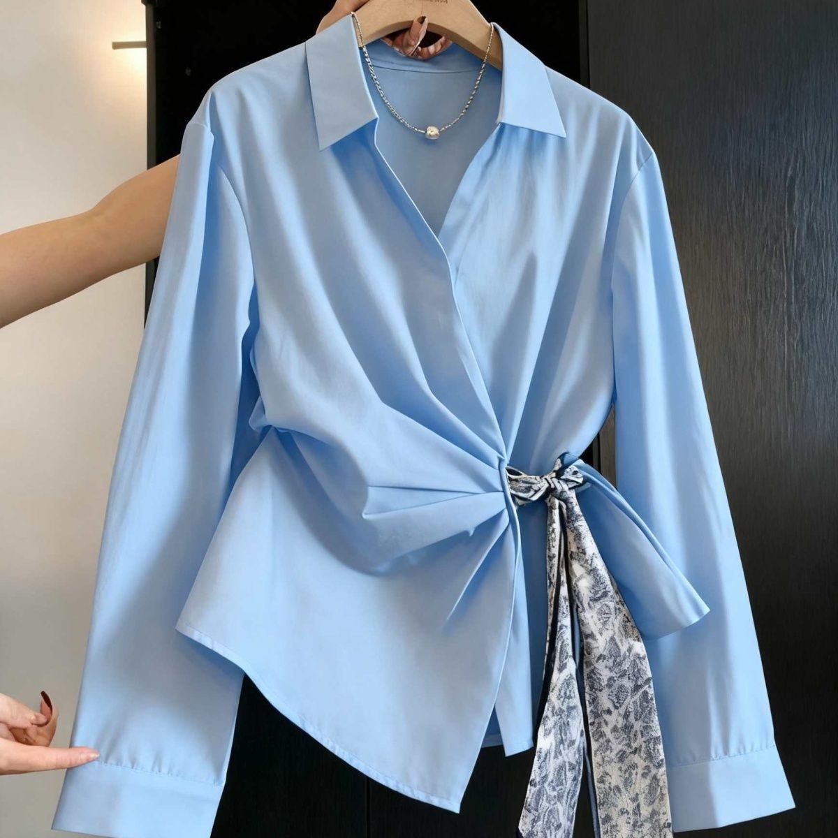 Womens Autumn Long-Sleeve Shirt With A Diagonal-Placket Silk Scarf Tie - Eve & Kith