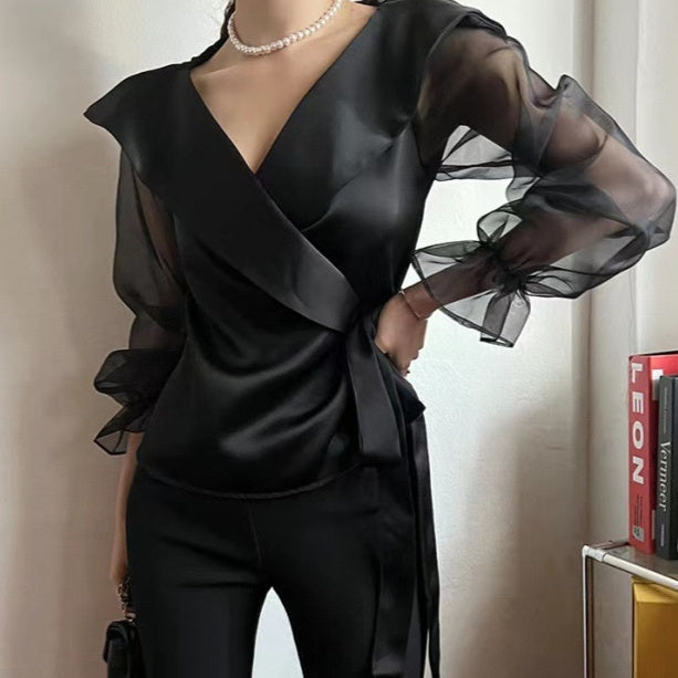 Womens V-neck Panelled Puff-Sleeve Bow-Tie-Neck Blouse - Eve & Kith