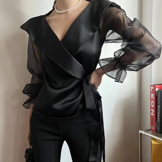 Womens V-neck Panelled Puff-Sleeve Bow-Tie-Neck Blouse - Eve & Kith