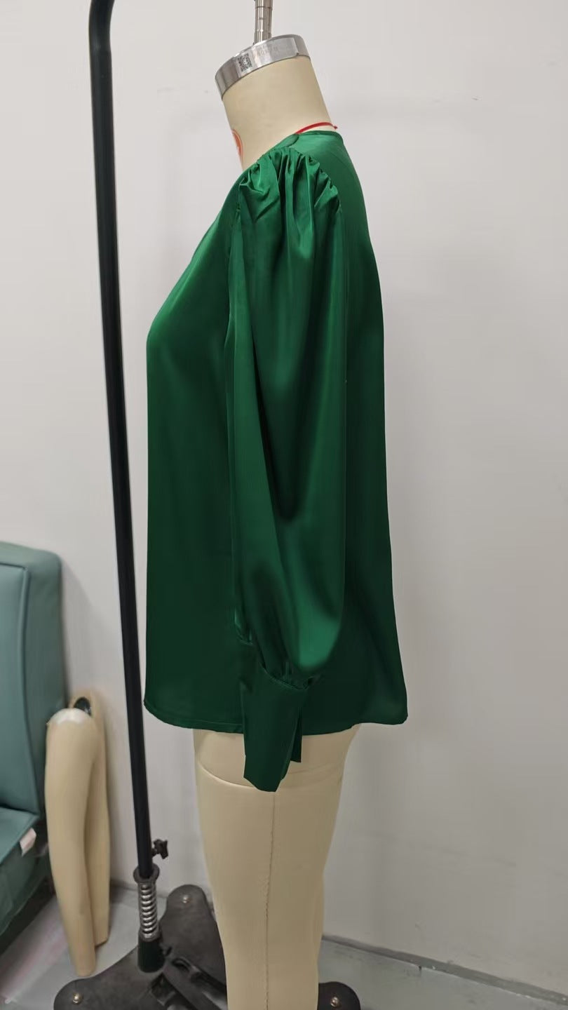 Womens Solid-Color V-Neck Silk Satin Long-Sleeve Shirt - Eve & Kith