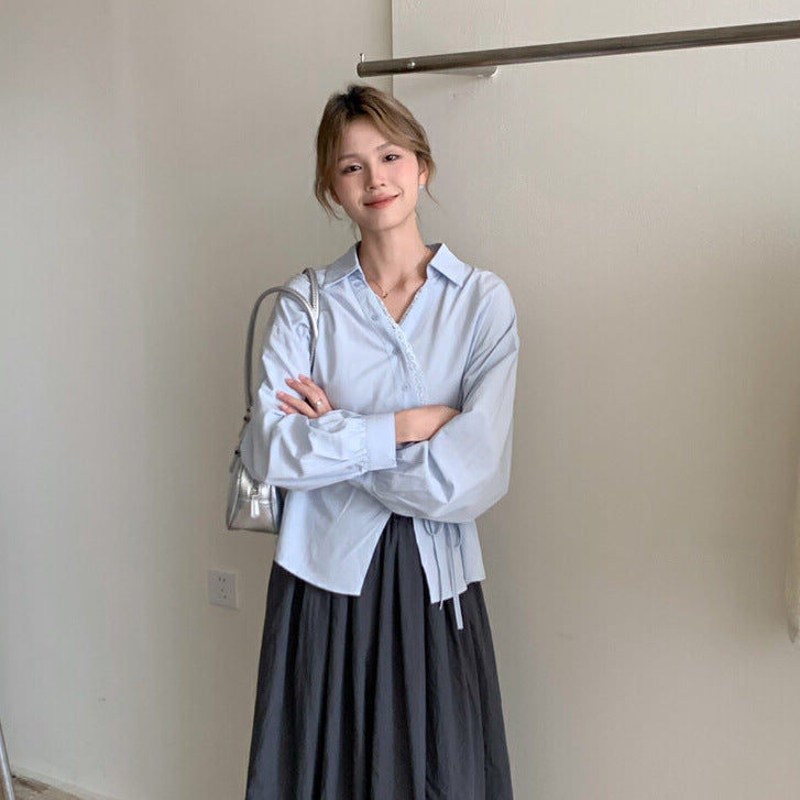 Womens Solid-Color Korean-Style French-Elegance Lace-Trimmed Shirt - Eve & Kith