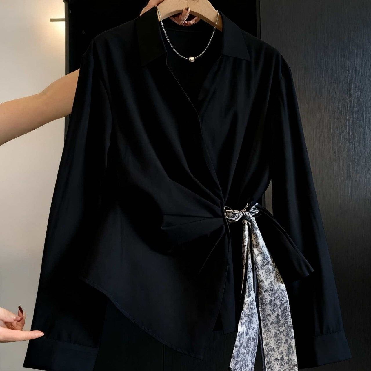 Womens Autumn Long-Sleeve Shirt With A Diagonal-Placket Silk Scarf Tie - Eve & Kith