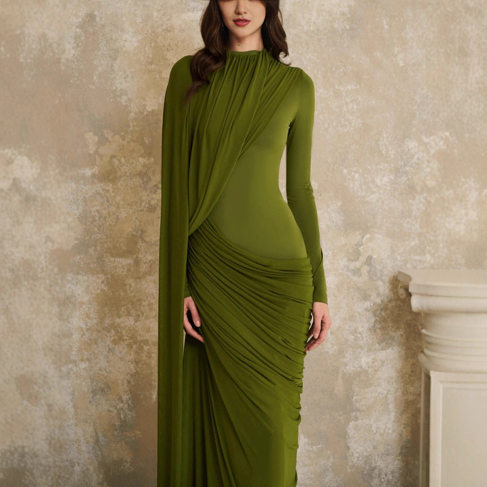 Womens Pleated Ribbon Crew-Neck Long-Sleeve Dress