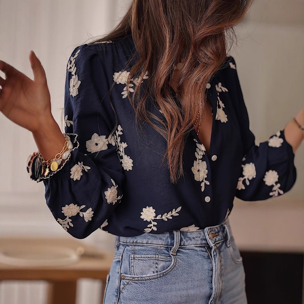 Women's Long-sleeved Western-style Chiffon Blouse With Embroidery - Eve & Kith