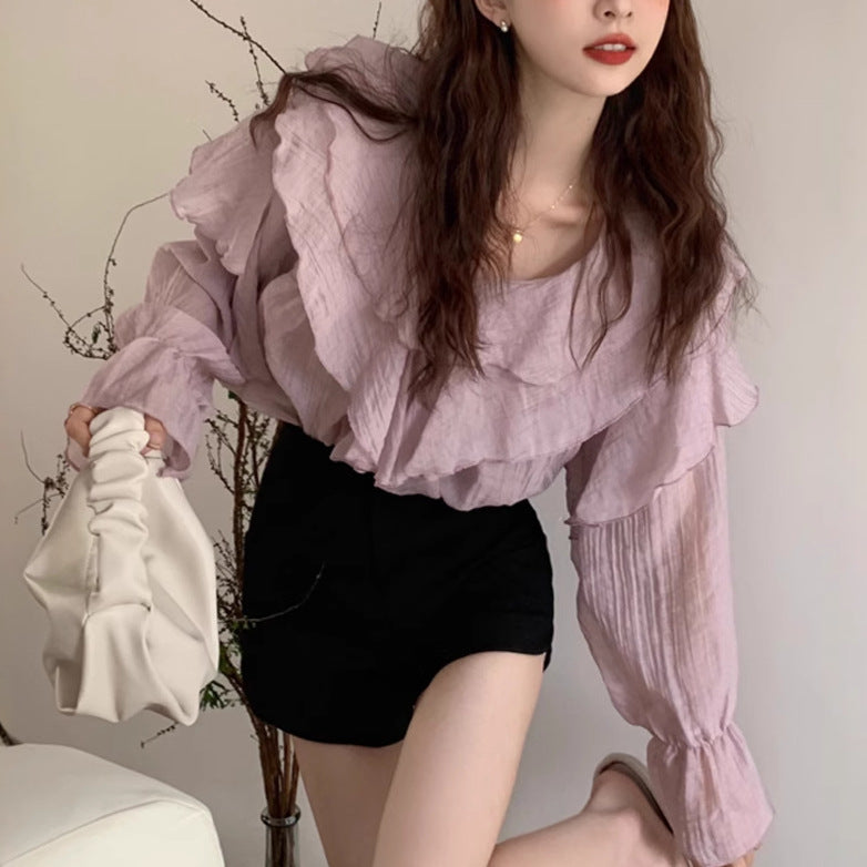 Womens Solid-Color Irregular Chiffon Long-Sleeve Shirt - Eve & Kith
