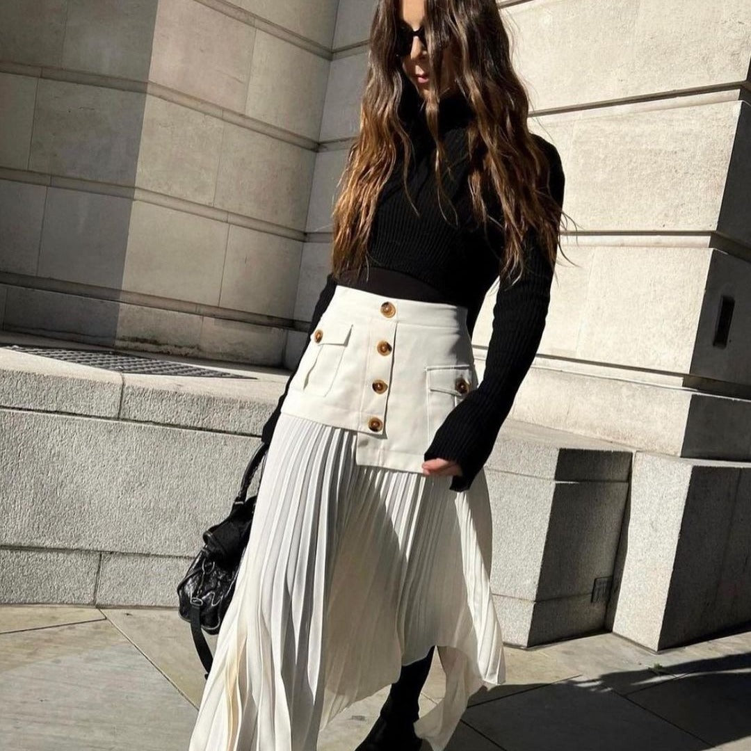 Irregular Chiffon Stitching Pleated Multi-button Pocket Skirt - Eve & Kith
