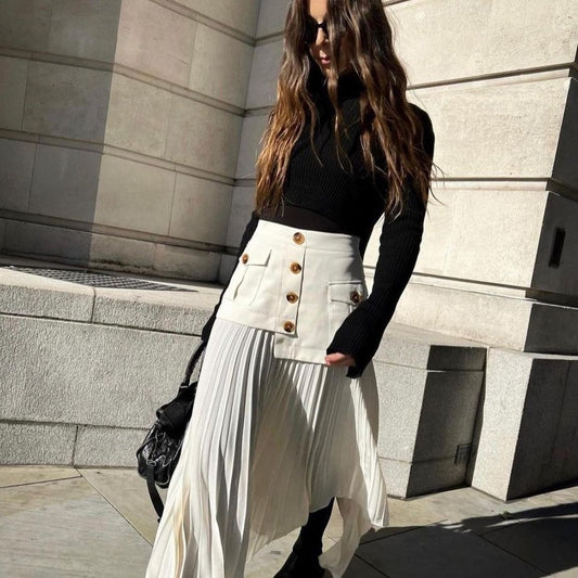 Irregular Chiffon Stitching Pleated Multi-button Pocket Skirt - Eve & Kith