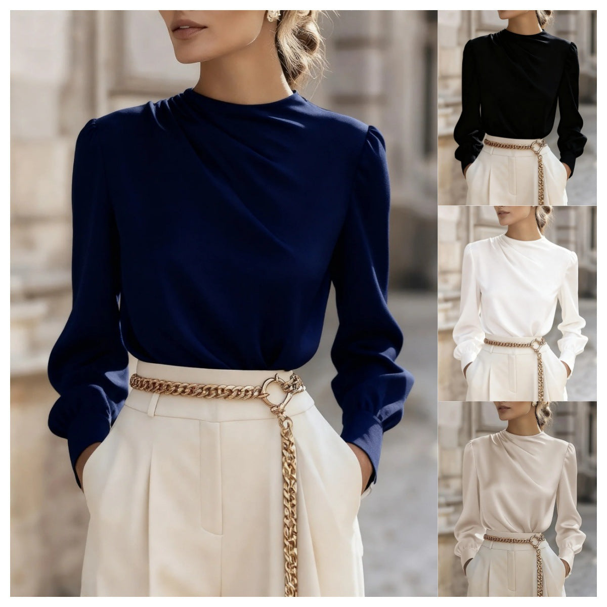 Simple Commuting Temperament Pleated High-neck Lantern Sleeve Blouse For Women - Eve & Kith