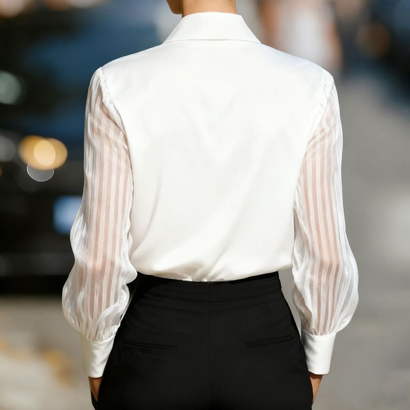 Elegant Women's Satin Blouse - Classic Lapel Collar, Sheer Long Sleeve, Button-Down Shirt With Smooth Flowy Design For Spring & Autumn Office Wear - Eve & Kith