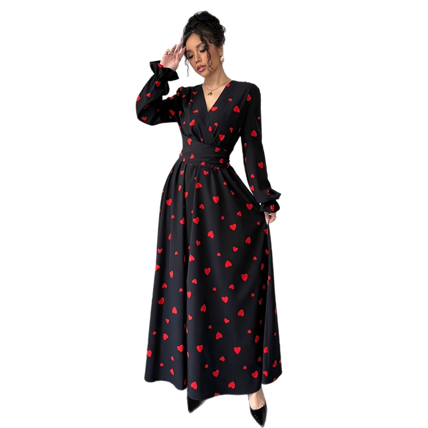 Women's Printed V-Neck Long Sleeve Waist Tie Dress - Eve & Kith