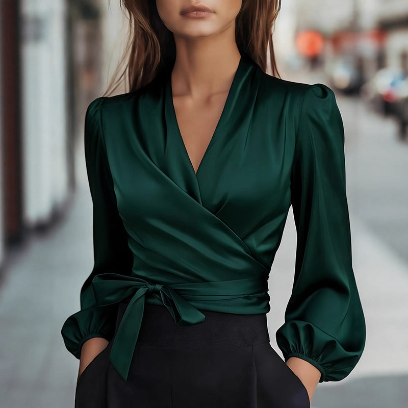 Women's Elegant Solid Color V-Neck Satin Long Sleeve Blouse, Tie Waist Professional Office Shirt For Spring Autumn - Eve & Kith