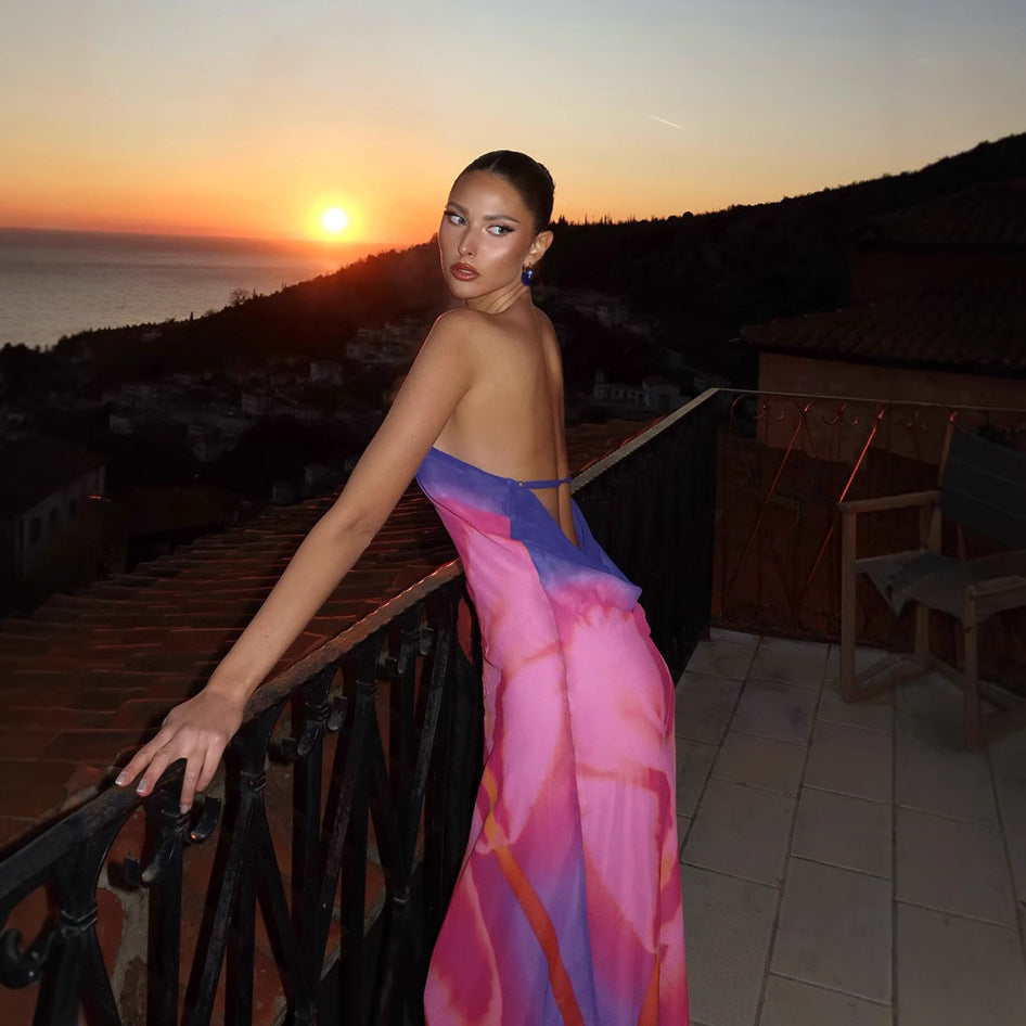 One Shoulder Diagonal Collar Printed Backless Long Dress - Eve & Kith