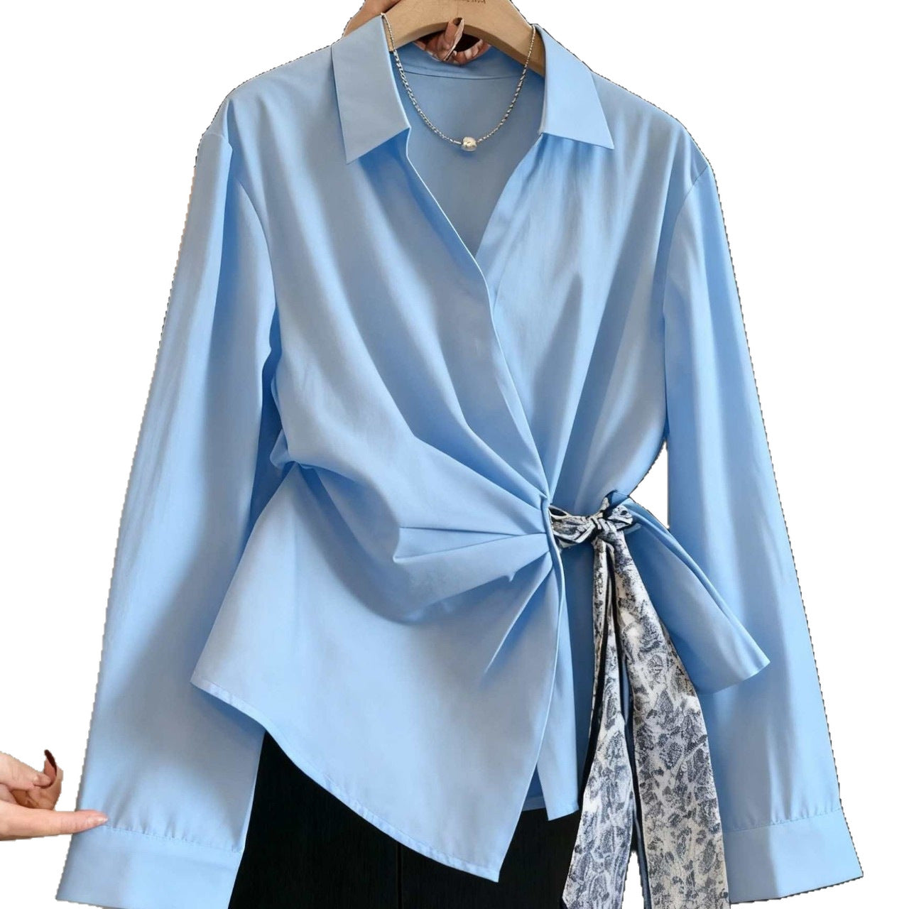 Womens Autumn Long-Sleeve Shirt With A Diagonal-Placket Silk Scarf Tie - Eve & Kith