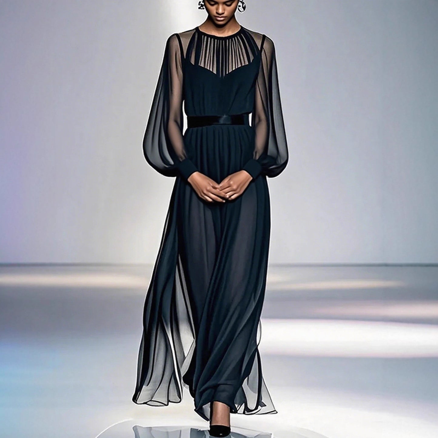 Sophisticated Black Two-piece Mesh Dress With A Cinched Waist - Eve & Kith