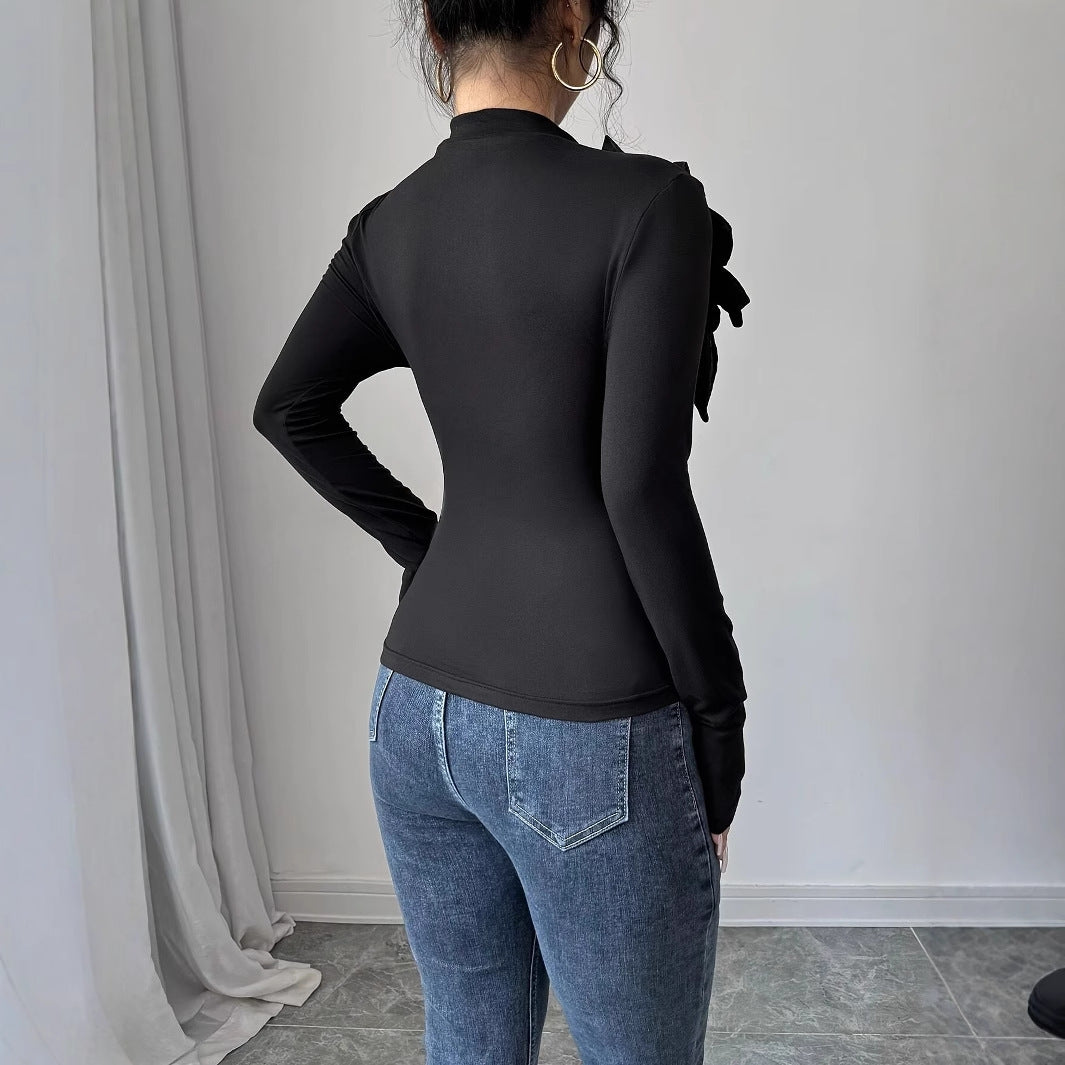 Womens Slim-fit Floral High-neck Long-sleeve Top With Diamond Accents - Eve & Kith