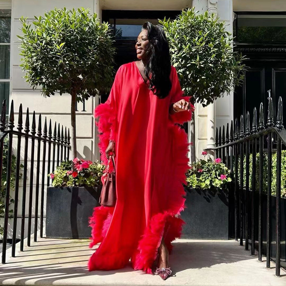 African Women's Loose Dress Luxury Fully Surrounded Light Feather Batwing Sleeve High Slit Robe - Eve & Kith