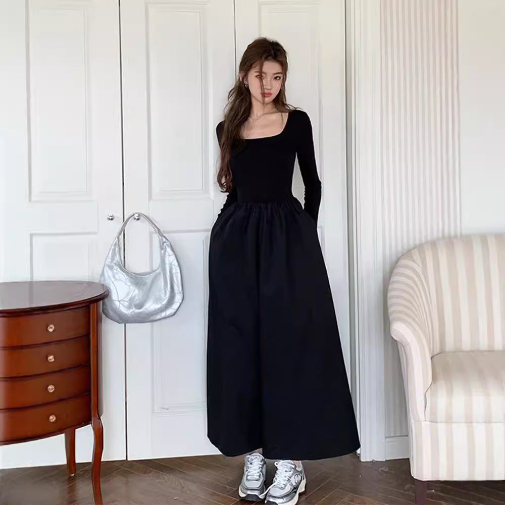 French Hepburn Style Long Sleeve Square-neck Base Dress - Eve & Kith