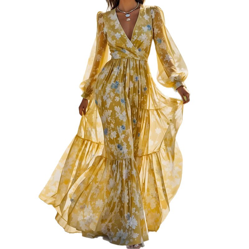 Summer New Print V-neck Long Dress - Eve & Kith