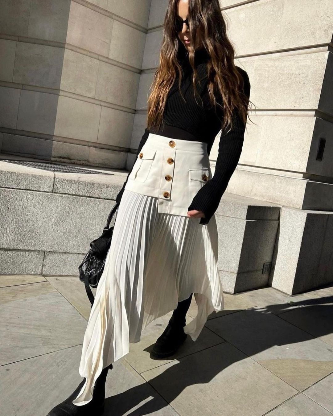 Irregular Chiffon Stitching Pleated Multi-button Pocket Skirt - Eve & Kith
